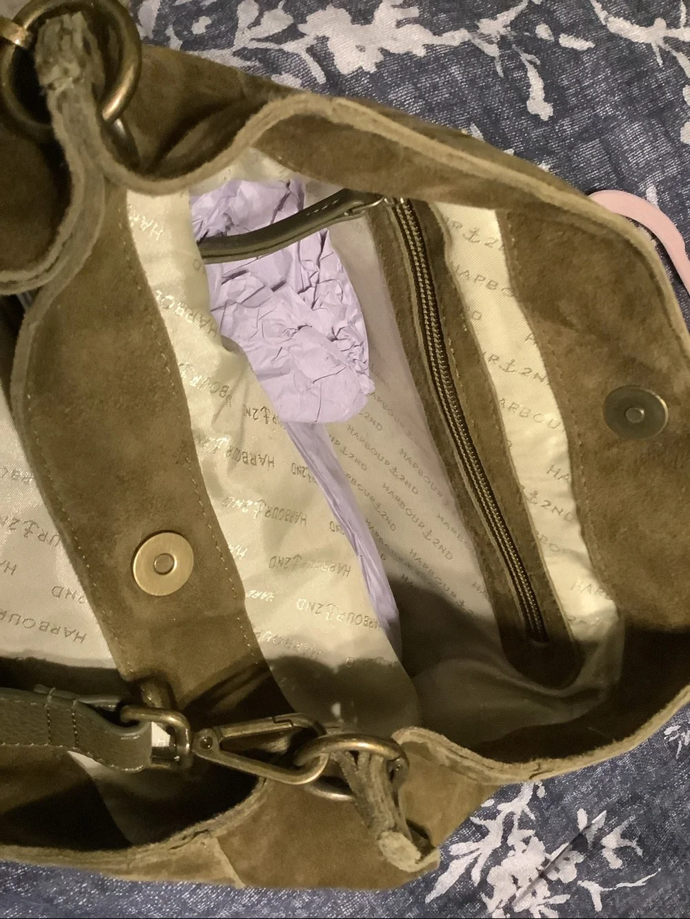 EUC! Suede olive green satchel with gold grommets
